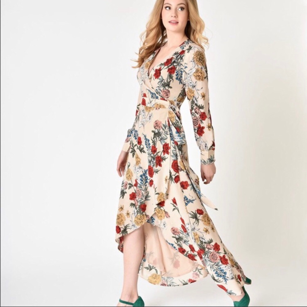 Promesa Hi-low Floral Long Sleeve Maxi Wrap Dress